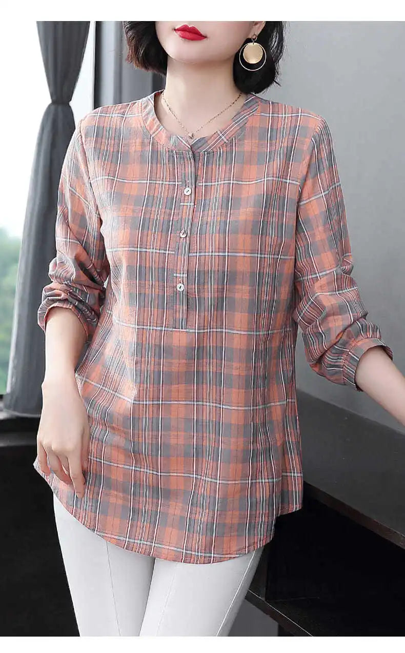 Fashion All-match Round Neck Plaid Shirt Women's Clothing Summer New Vintage Casual 3/4 Sleeve Button Spliced Pullovers Blouses