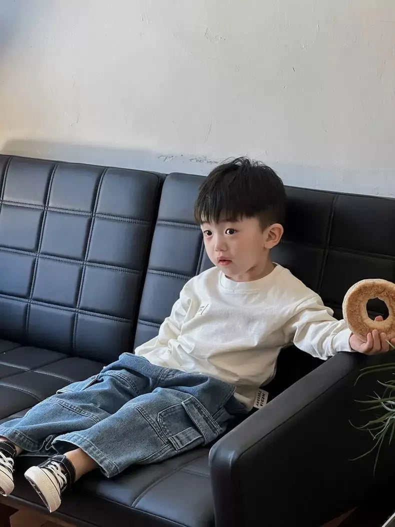 Boys Jeans Korean Style All-match Loose Cargo Pants Kids Fashion Brand Mid-small Children Autumn Casual Straight Pants Spring