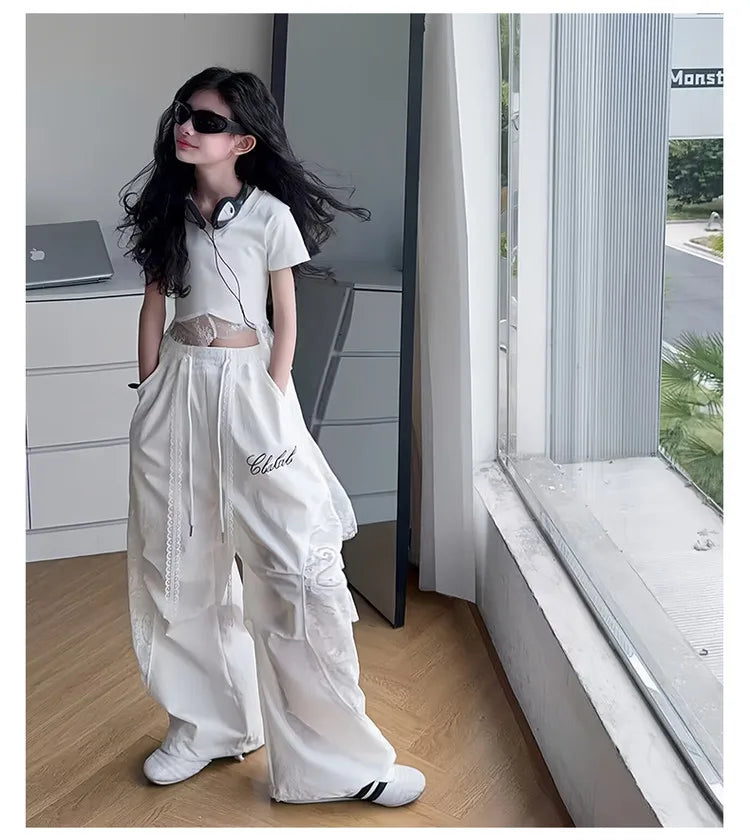 4-14 girls Hip Hop Jazz Street Dance clothes Set Child Summer Clothing Lace patchwork T-shirt+work pants 2pcs kids outfits suit