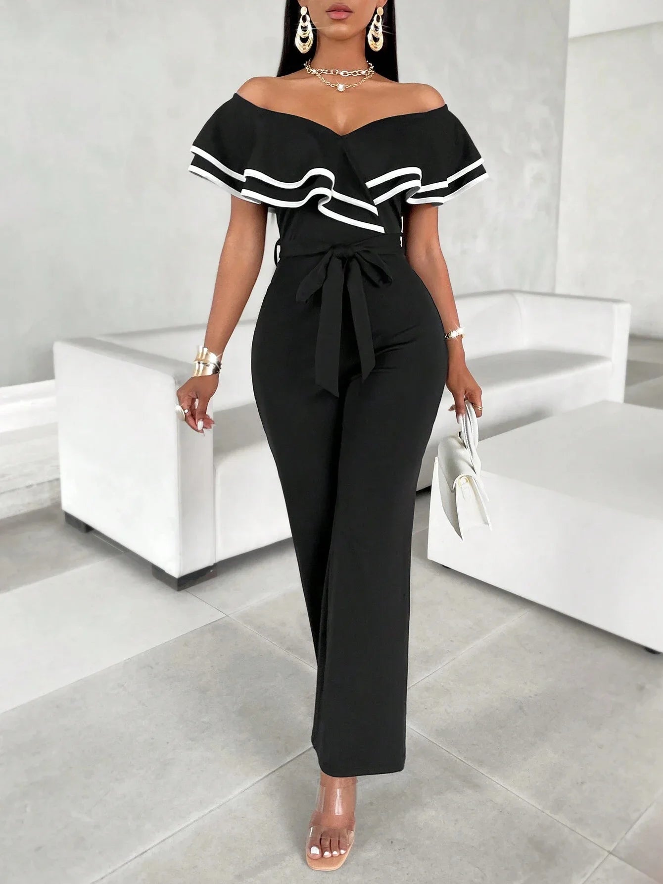 Sexy  Color Wide Leg Jumpsuit Women's High Waist Long Pants Spring Thin Polyester Comfortable Commute Style One-Piece Suit