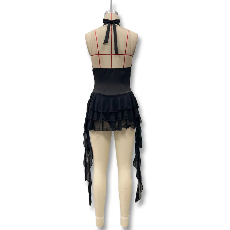 Summer Casual Street Style Solid Color Backless Sleeveless Sexy Hanging Neck Dress  V-neck Ribbon Women's Jumpsuit New
