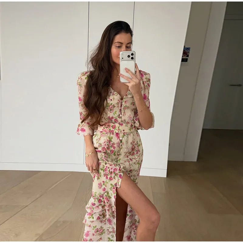 V Neck High Split Half Sleeve Slim Long Dress Print Waist Cinching Ruffle Hem Maxi Robes 2026 Women Party Vacation Vestidos