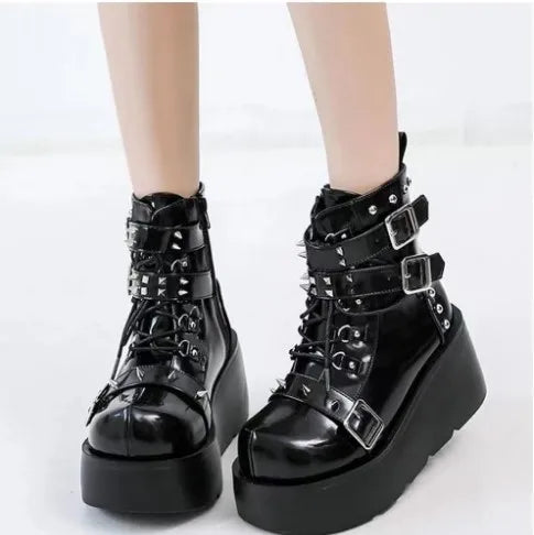 New Gothic Style Platform Vampire Cosplay Women Mid-calf Boots 2025 Winter Wedges Comfy Women Motorcycle Boots Shoes