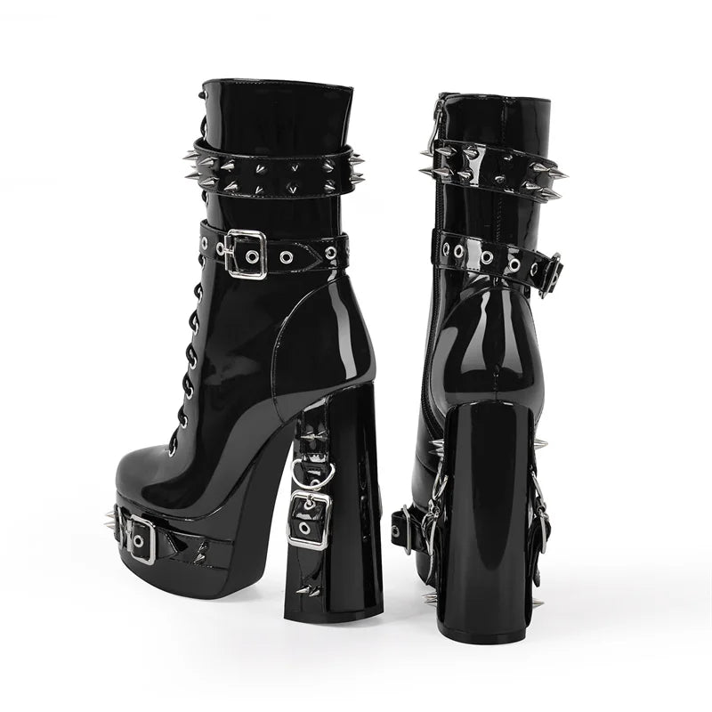 Onlymaker Women Platform Metal Buckles Lace-up Chunky Heel Ankle Boots Big Size Punk Booties