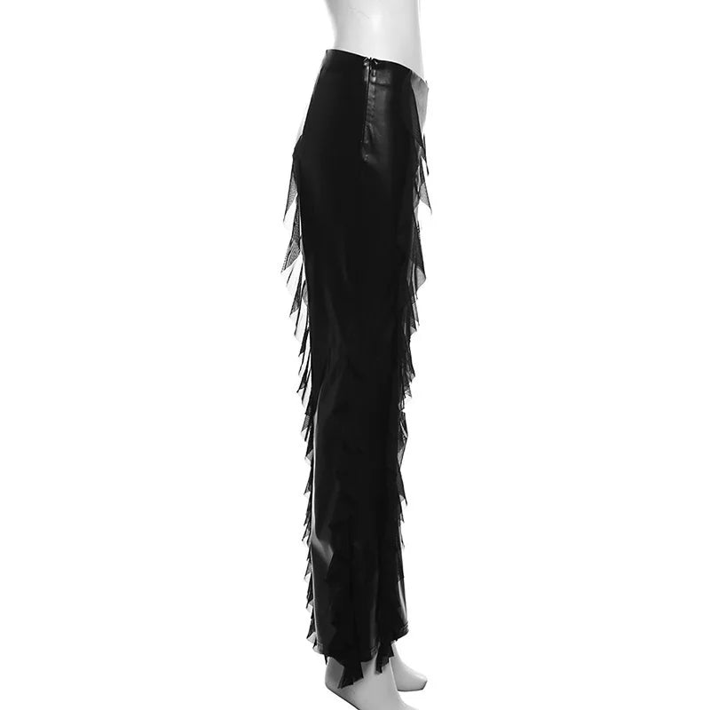 Punk Style PU Leather Pants Gothic Black Lace-paneled Trouser Sexy High-waisted Slim Flared Pants 2026 Summer Women's Clothing