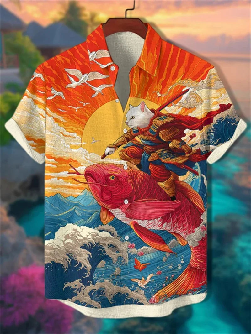 New men's 3D octopus print short sleeved shirt, retro summer linen shirt, men's holiday casual short sleeved streetwear