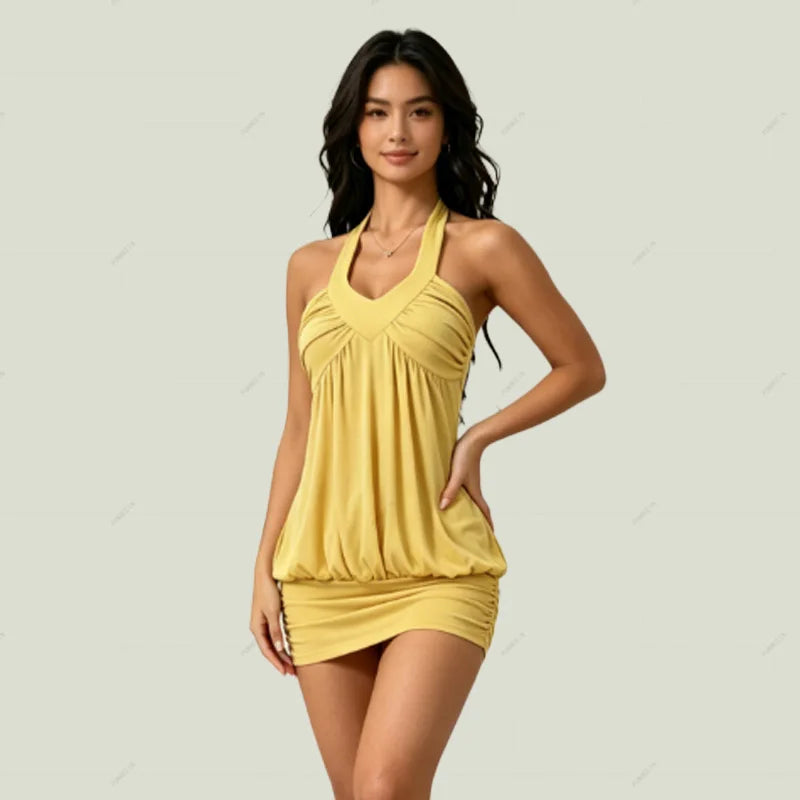 Spicy girl style simple and elegant exquisite halter dress women sexy summer slimming and form-fitting short skirt mature Y2K