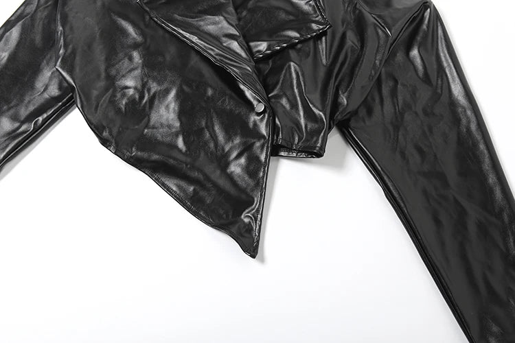 Weird Puss Faux Leather Crop Jacket Women Cross Neck Hipster Single Button Irregular Fall Trend Wild Basic Sexy Streetwear Coat