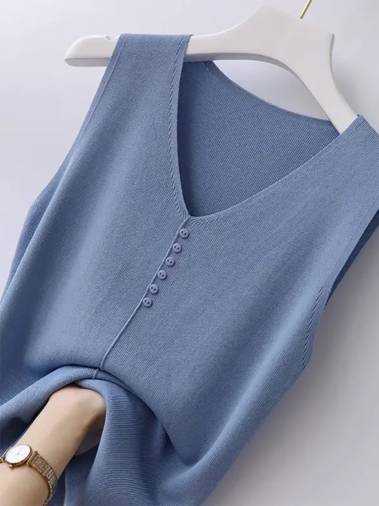 Knitted Vests Women Top V-neck Solid Tank Blusas Mujer De Moda 2026 Summer New Fashion Female Sleeveless Casual Thin Tops
