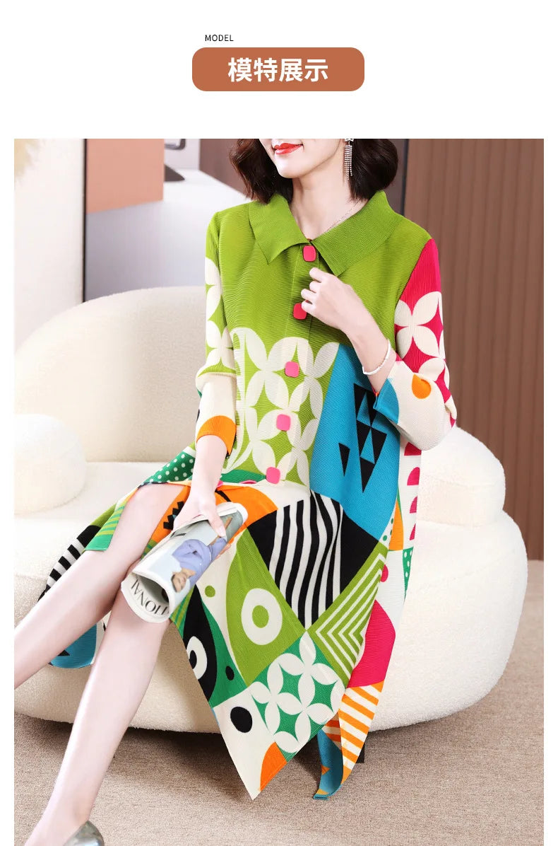 Miyake Pleated Dress Women 2024 Spring New High-End Design Sense Printing Lapel 3/4 Sleeve Single-breasted Fashion Shirt Dresses