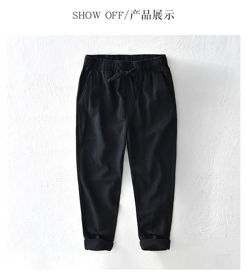 70% Linen,30% Cotton Men's Drawstring Elastic Waist Casual Pants, Straight Loose Ramie Trousers, Camping Fishing Comfortable