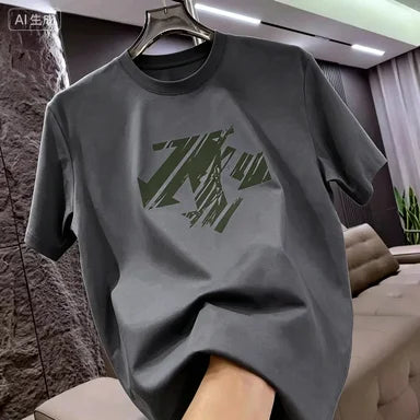 Summer New Trendy Brand Heavyweight 100% Cotton Men's Crew Neck Short Sleeve T-shirt Fashion Casual Print Versatile Top