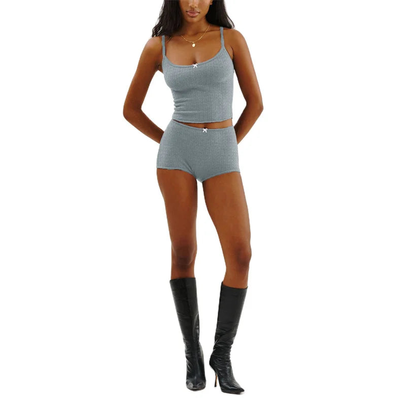 Xingqing y2k Pajamas Sets Women Bow Sleeveless Knitted Camisole Tops and Elastic Shorts Loungewear Soft Sleepwear for Nightwear