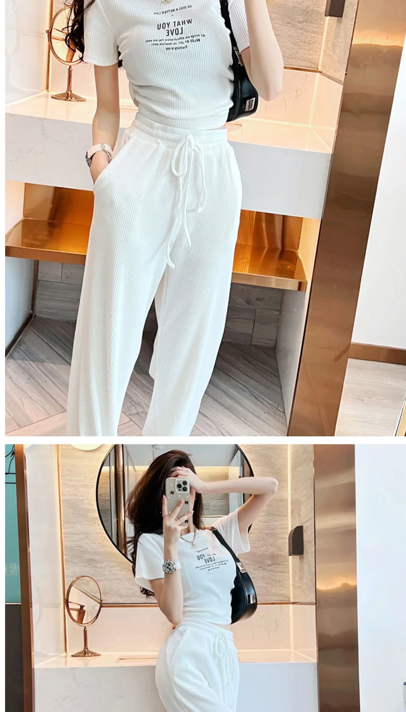 Summer casual sports style spicy girl sexy short sleeved top+fashionable wide leg pants two-piece set