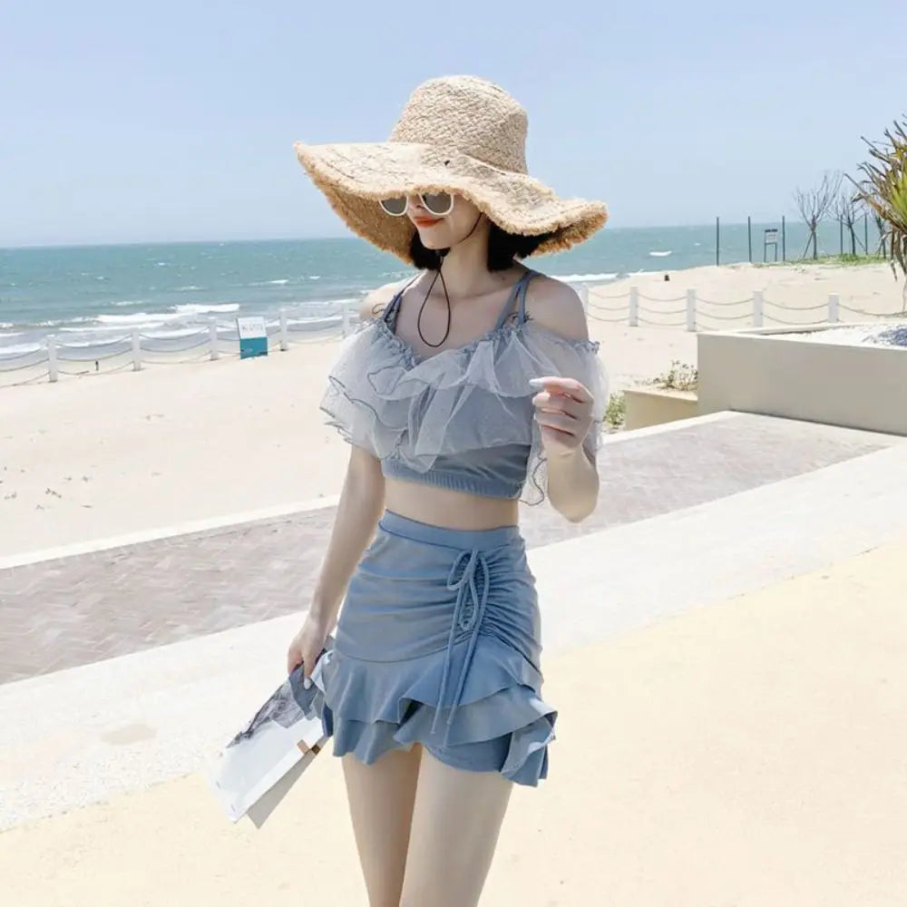 Slim Fit A-line Skirt Swimsuit Puff Ruffle Off Shoulder Lace Ruffled Bathing Suit Beachwear Two Pieces Set Swimwear Swimming