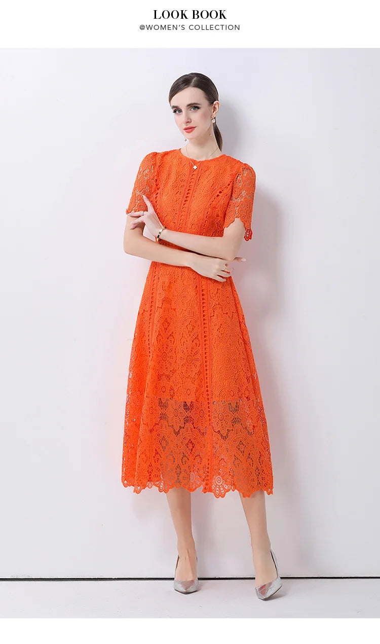 SMTHMA Vintage High-End O-Neck Short Sleeve Lace Hollow Out Dress For Women's Summer Slim Elegant Long Dress Female Clothing