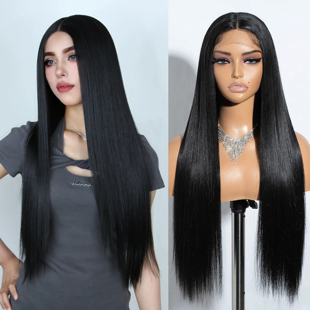Synthetic Lace Front Wigs Warm Brown Black Color Hair  30" Long straight Wig For Women Lace Wig Heat Resistant Cosplay Wigs