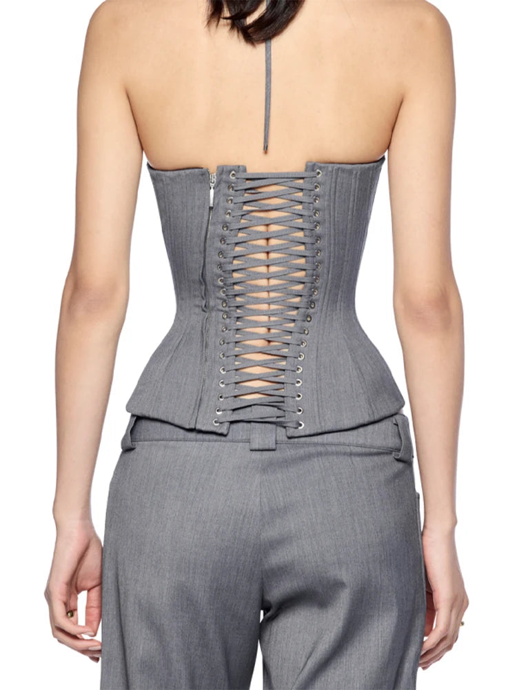 Sexy Patchwork Halter Suit Corset Low Neck A Line Lace Up Fishbone Top Solid Tube Vest 2026 New Lady Party Vacation Tops