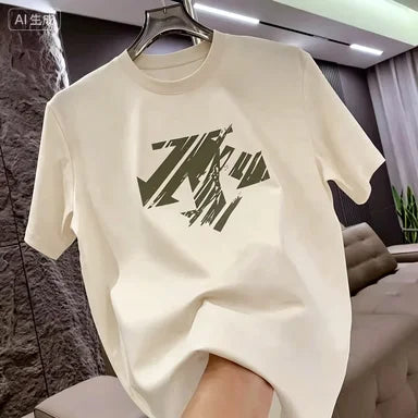 Summer New Trendy Brand Heavyweight 100% Cotton Men's Crew Neck Short Sleeve T-shirt Fashion Casual Print Versatile Top