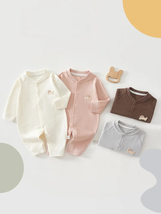 Pure Cotton Baby Long Sleeve Romper with Puppy Embroidery Newborn Jumpsuit Infant Casual Pajamas for Spring Autumn