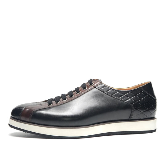 European Style Genuine Leather Men's Casual Shoes Luxury Plaid Business Social Black Flat Lace-Up Sneaker Shoes for Man