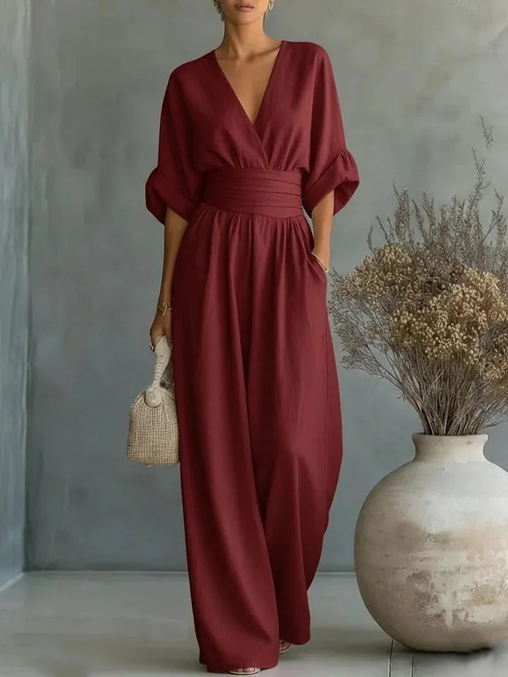 Elegant Solid Jumpsuits Women Shrot Sleeve V Neck Jumpsuit Trousers Wide Leg Pants Rompers Loose Style Belted Leotard Overalls
