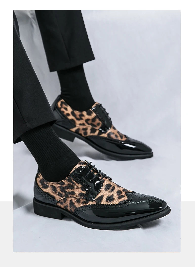 2025 Fashion Leopard Dress Shoes Man Pointed-Toe Lace-up Luxury Man Comfortable Leather Shoes For Men Plus Size 48 Oxford shoes