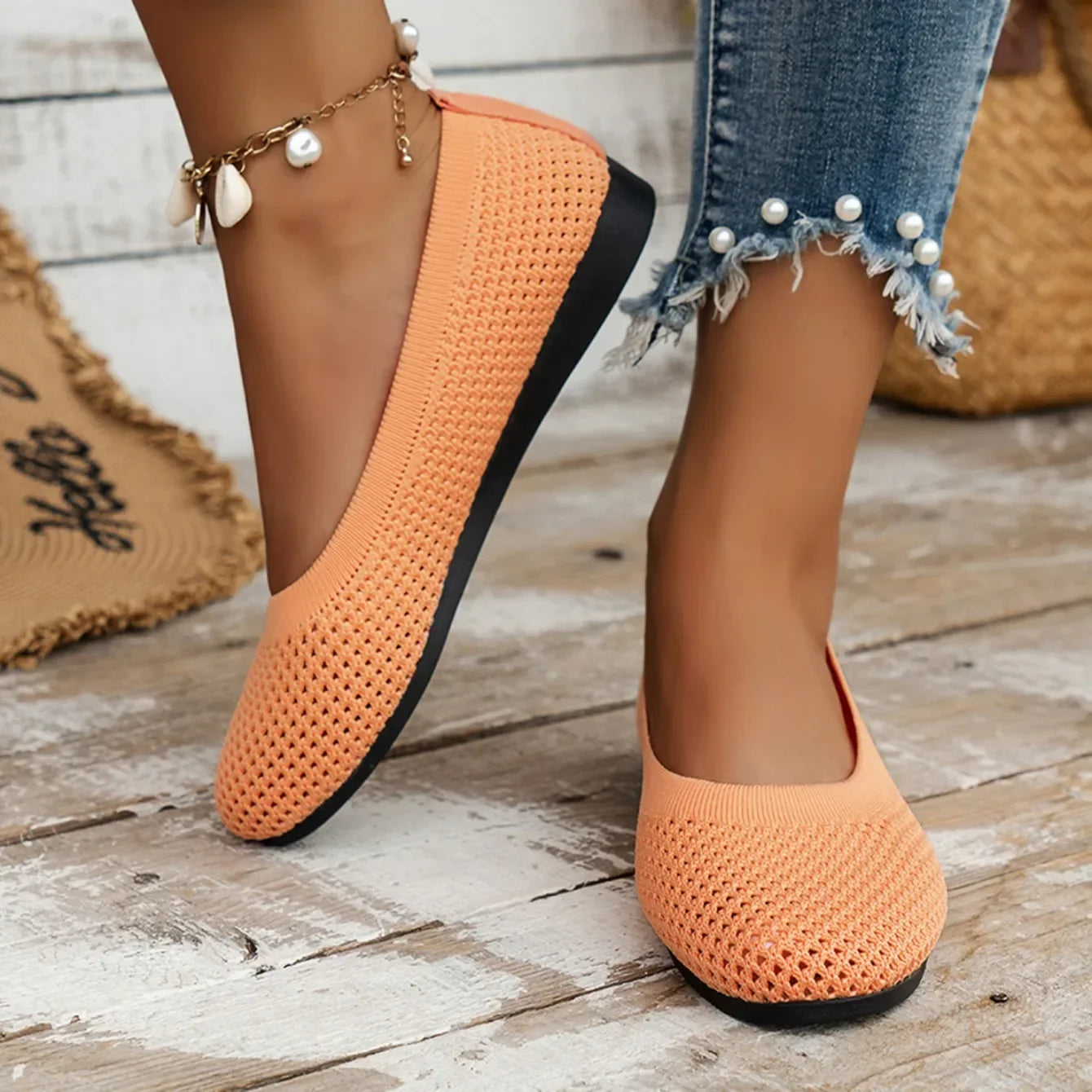 Women Round Toe Flat Shoes Solid Color Knitted Slip on Shoes Casual Breathable Ballet Flats Women Mesh Flat Shoes Loafers Woman