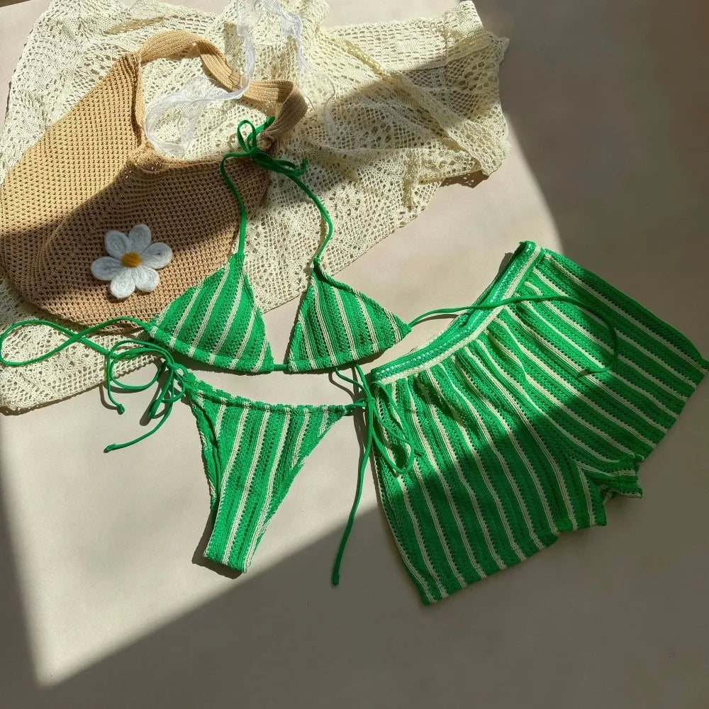 Fashion Stripes 3 in 1 Swimwear Set Lace Up Slim Fit Bikini Bathing Suit Deep-V Sleeveless Knitting Swimsuit Beach