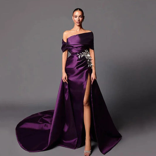 Customized Evening Dresses Classic Exquisite High quality Retro Applique Ruched A-line Off-the-shoulder Long Dresses Simple