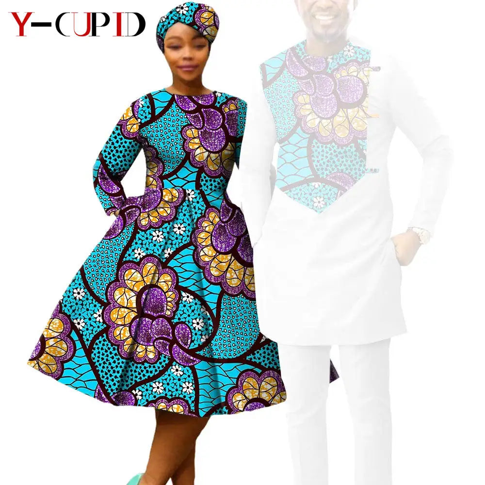 African Print Dresses for Women with Headwrap Matching Couple Outfits Dashiki Men Long Sleeve Pathwork Top and Pant Sets Y23C004