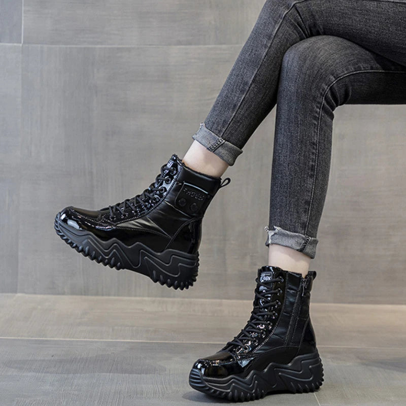 7CM Heightening Genuine Leather Platform Wedge Hidden High Heels Women Ankle Boots Casual Chunky Sneakers Spring Autumn Shoes