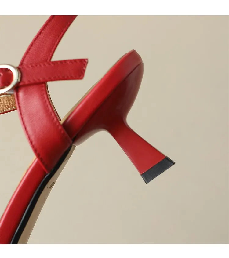 2025 Summer Sandals Women Shoes Open-Toe Thin Heel Women Sandals Split Leather Square Toe Shoes for Women High Heels Handmade