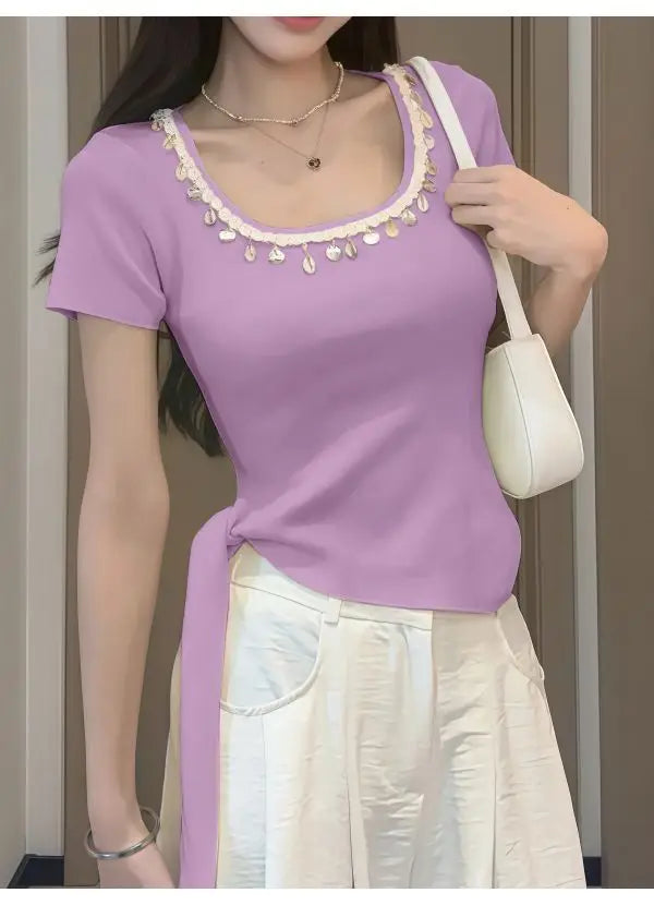 Short-sleeved Women's Top Bestseller 2025 New French Stylish Design Slimming and Flattering, Popular Online Clothing