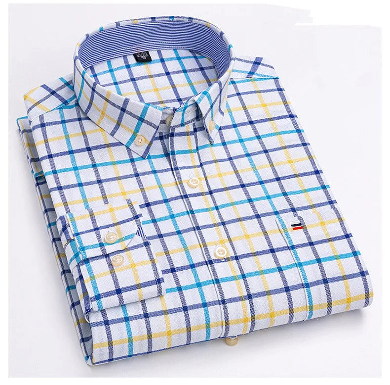 Men's Classic Plaid Oxford Long Sleeve Shirts Pocket 100% Cotton Business Casual Formal Standard Fit Workwear Button Down Shirts