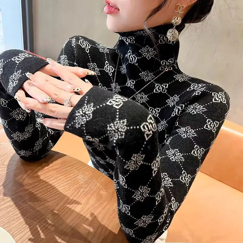 Women Clothing Elegant Chic Flower Knit Pullover Autumn Winter Casual All-match Slim Long Sleeve Sweaters Office Lady O-neck Top