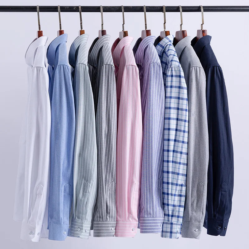 100%Pure Cotton Shirt Long Sleeve  Oxford Casual Solid Color Striped Regular Fit Formal Dress Shirt Men's Clothing 6XL 7XL