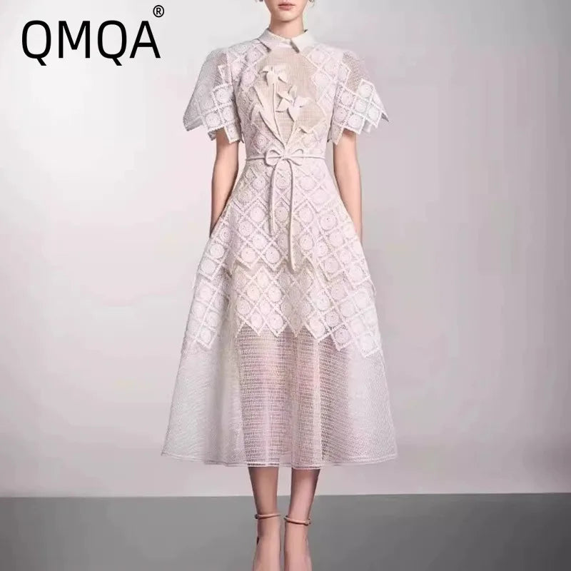 QMQA Fashion Women's Evening Dress Lapel Short Sleeve Lace Patchwork 3D Flower Lace-up Elegant Dresses Spring 2025 New QM269