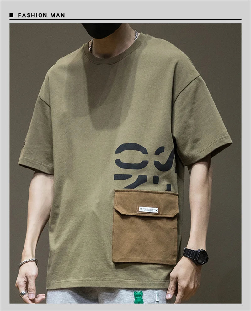 Summer Men's Short Sleeve Letter Printed T-shirt With Cargo Pocket Casual Cotton O-Neck Tops Y2K Streetwear Oversized Tee Shirts