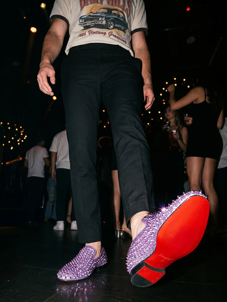 Piergitar Handmade Purple Spikes Men's Loafers For Party and Banquet Wear CL Same Classic Model Red Outsole Slip-On Flats