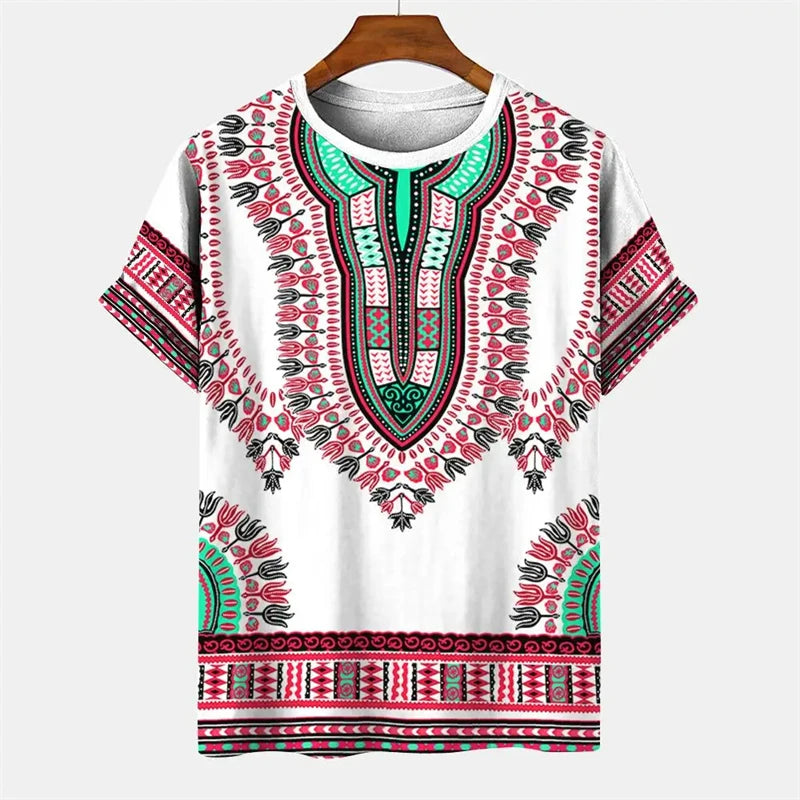 Summer Men's Vintage T-shirt African Tradition Stripe Printed T Shirts Casual O-Neck Short Sleeve Tees Street Fashion Loose Tops