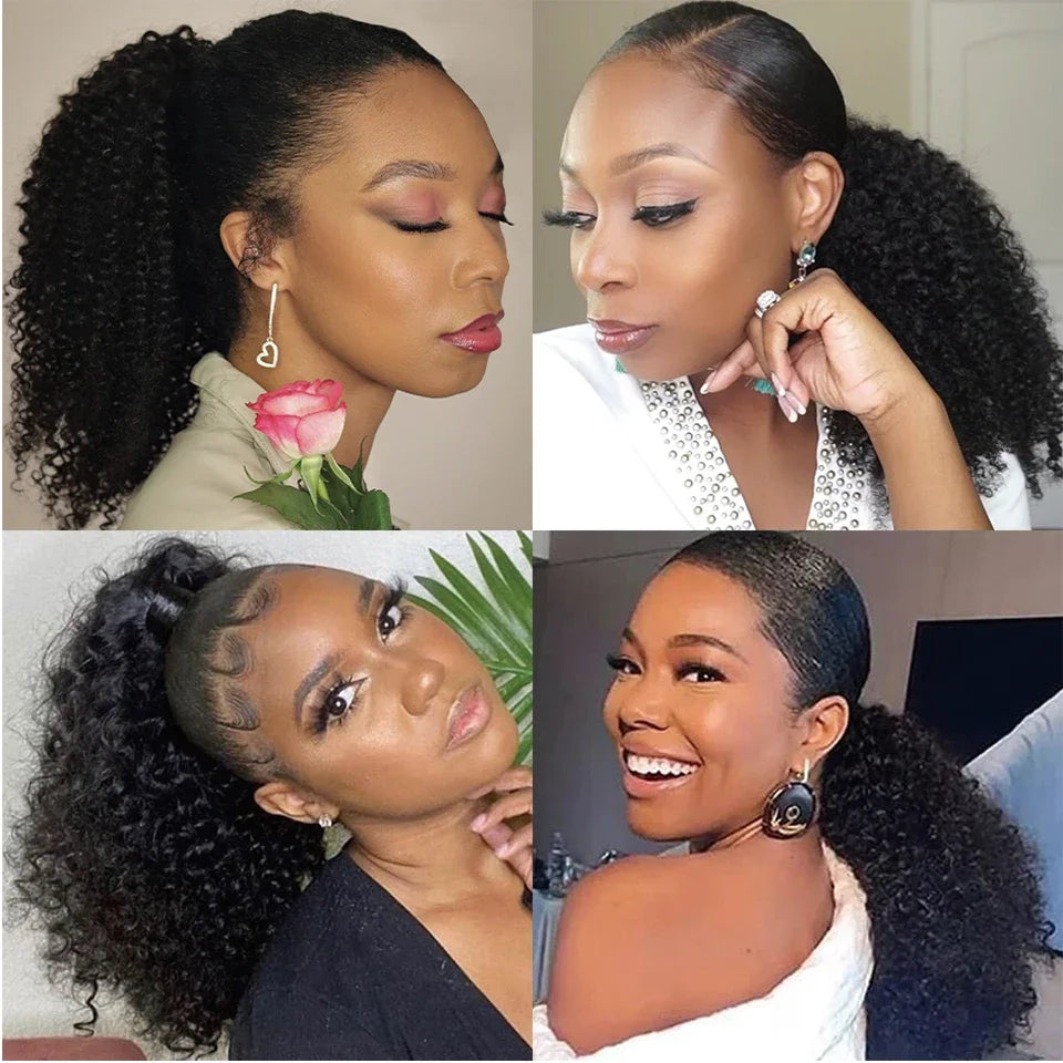 16A Curly Ponytail Extensions Deep Wave Drawstring Ponytail For Women Human Hair With Clip In Thick Ponytail Hair Natural #1B