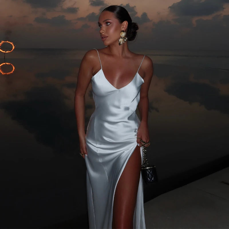 Sexy Backless Satin Women's Summer Dress V-neck Sleeveless Backless Slit Beach Sling Sundress 2026 Lady Chic Evening Party Robes