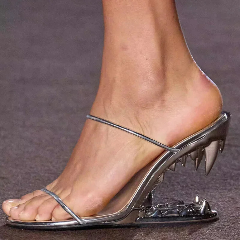 Spring Fashion Show, Teeth Shaped Heels, High Heels with Exposed Toes, Sloping Heels, Round Toe Fashion Women's Shoes