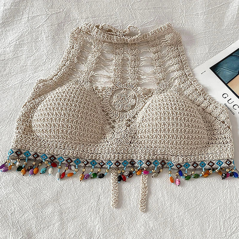 Bohemian Ethnic Style Sexy Knit Backless Short Crop Top For Women Lightweight Hollow Out Crochet Tassels Hem Halter Bras Bustier