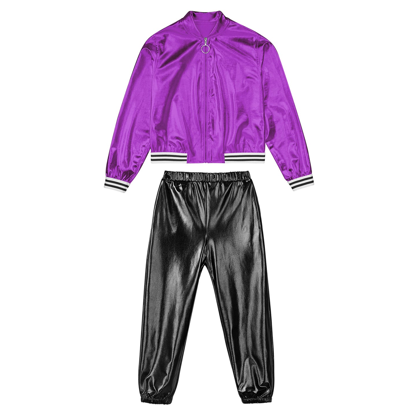 Kids Girls Sports Outfits Jazz Hip Hop Street Dance Costume Shiny Metallic Long Sleeves Bomber Jacket Coat with Pants Streetwear