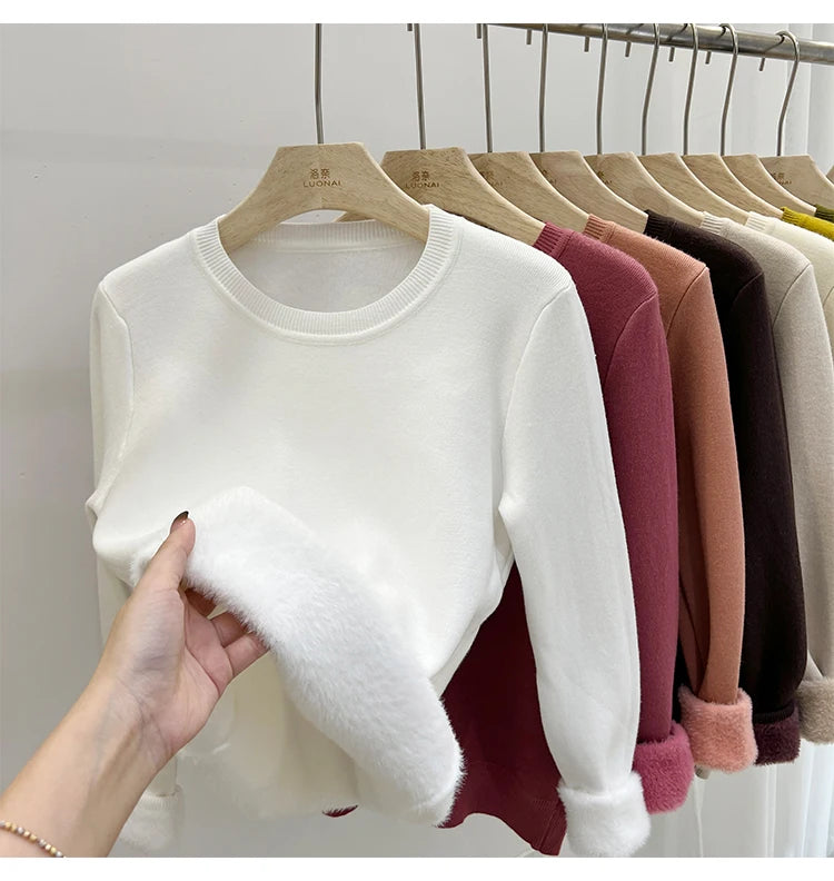 Women's O-neck Velvet Thicken Sweaters Winter Slim Warm Long Sleeve Knitted Tops Casual Plush Fleece Lined Soft Pullovers Ladies