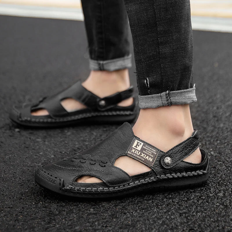 Men Soft Leather Sandals Breathable Comfort Daily Beach Big Size 45 46 Outdoor Slippers Open Toe Non-Slip Casual Summer Footwear