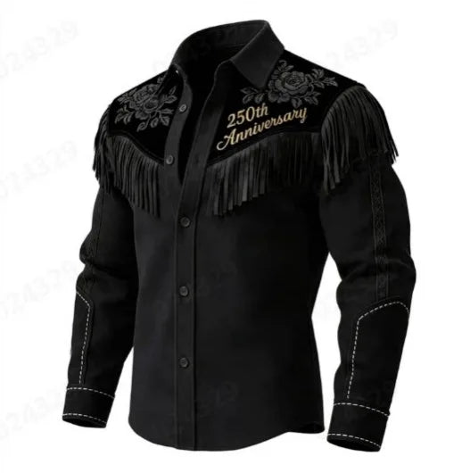 New Men's Tassel Fur Jacket, Western Denim Long Sleeved Jacket, Motorcycle Style Fashionable Patchwork Lapel Top, European Sizes