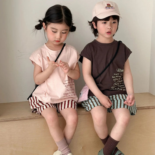 Children Summer Set Girls Loose Striped Casual Summer Wear 2025 New Boys Vest Shorts Baby Clothes Two Piece Set
